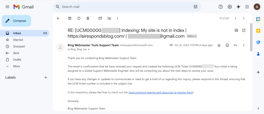 Bing Webmaster Support ticket confirmation