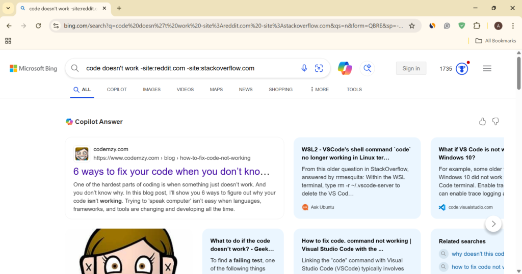 exclude multiple websites from Bing search